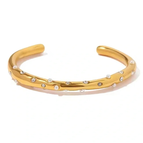 Milena 18K Gold Stainless Steel Pearl Crystal Cuff Bracelet - Picture 5 of 7